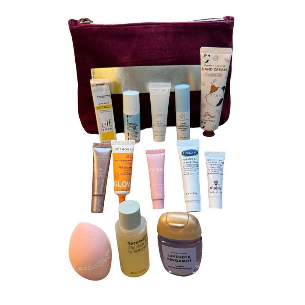 Velvet Makeup Bag with Skincare and Beauty Products